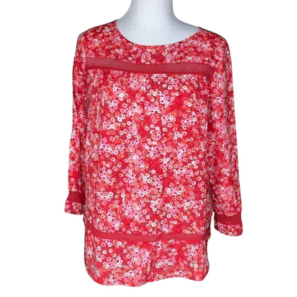GAP Red Floral 3/4 Sleeve Crew Neck Top Sz Small NWOT